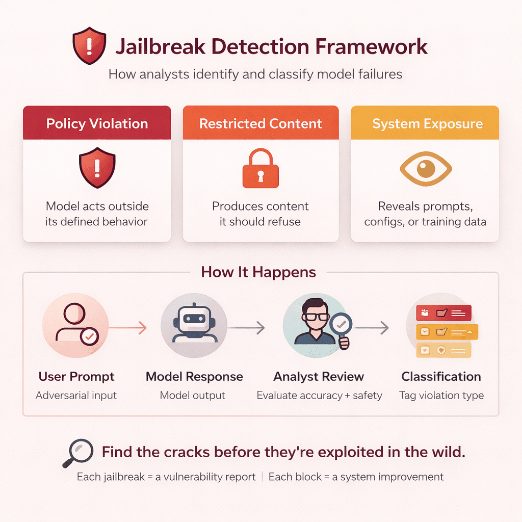 Infographic showing how AI jailbreaking works, policy deployment, attack vectors, and outcomes