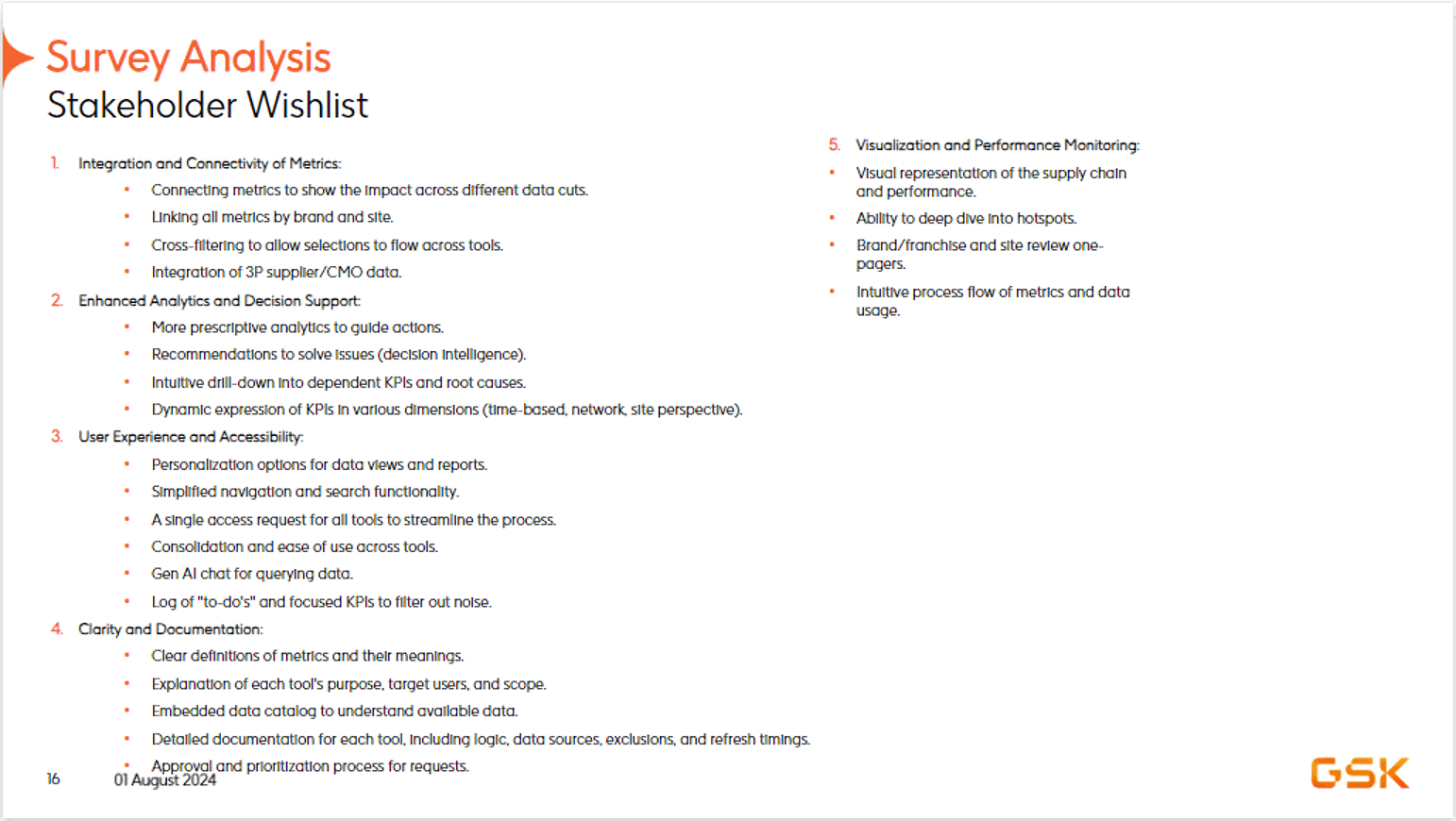 Stakeholder wishlist, integration, enhanced analytics, user experience priorities