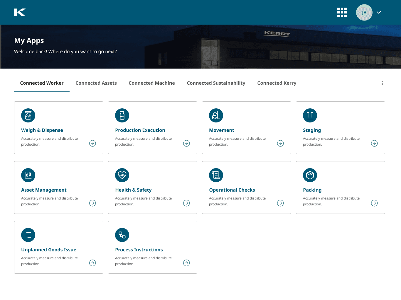 Food & Flavour Manufacturer Aggregator app, home screen and entry point for the connected worker platform