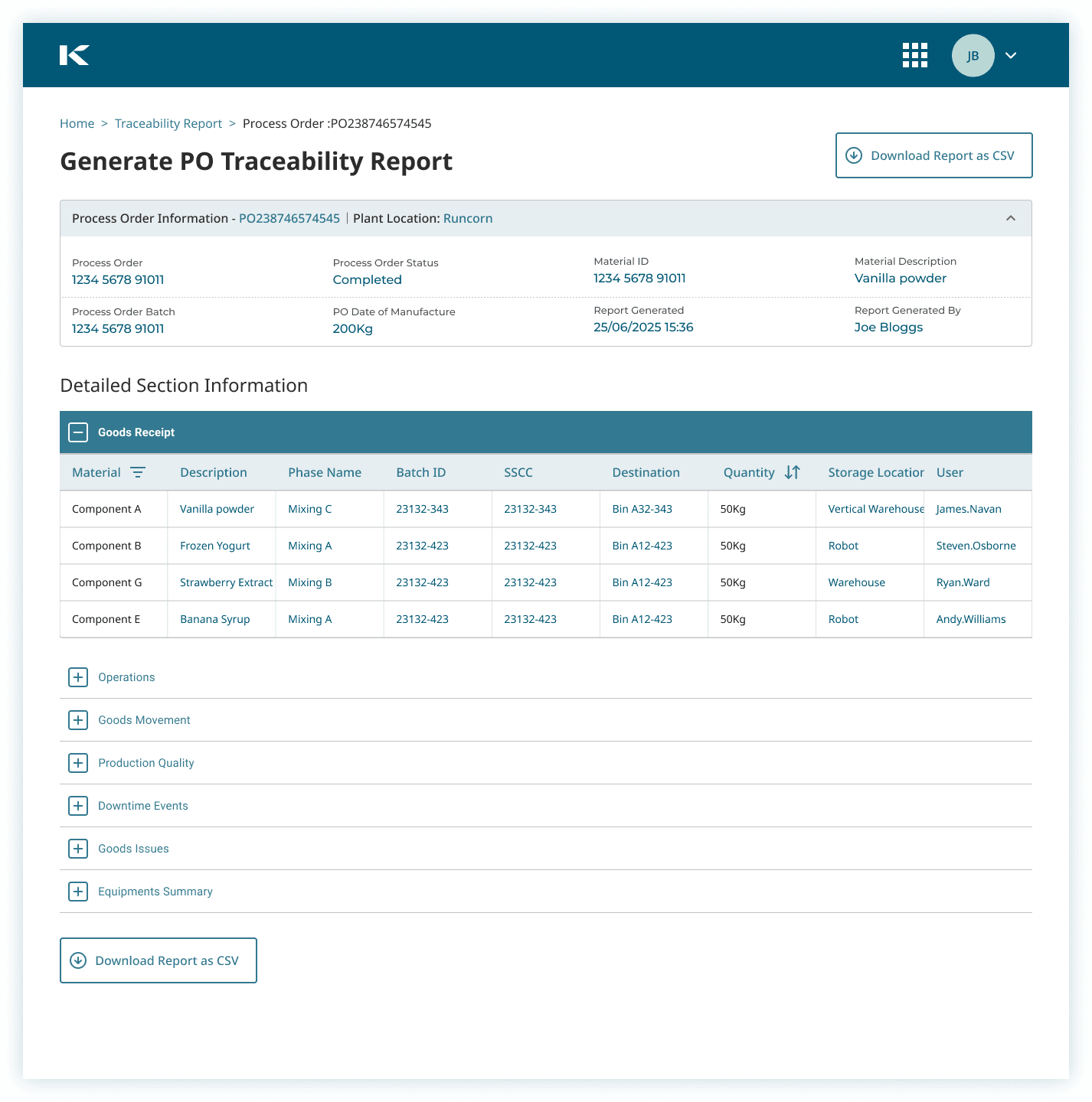 PO Traceability Report app, purchase order tracking and status view